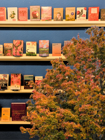 Ein herbstlicher Baum vor einem Bücherregal